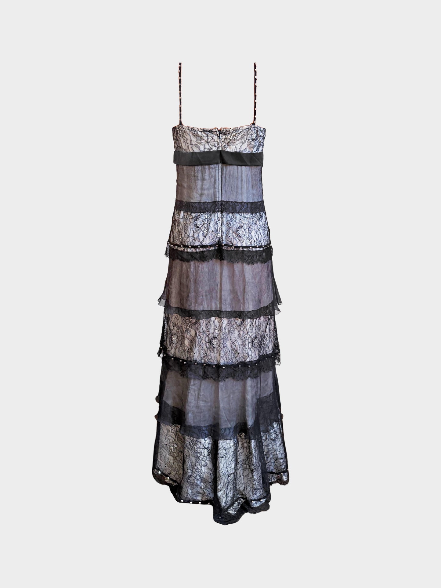 La Perla 2000s Rare Black Silk Chiffon Lace-trimmed Tiered Long Dress