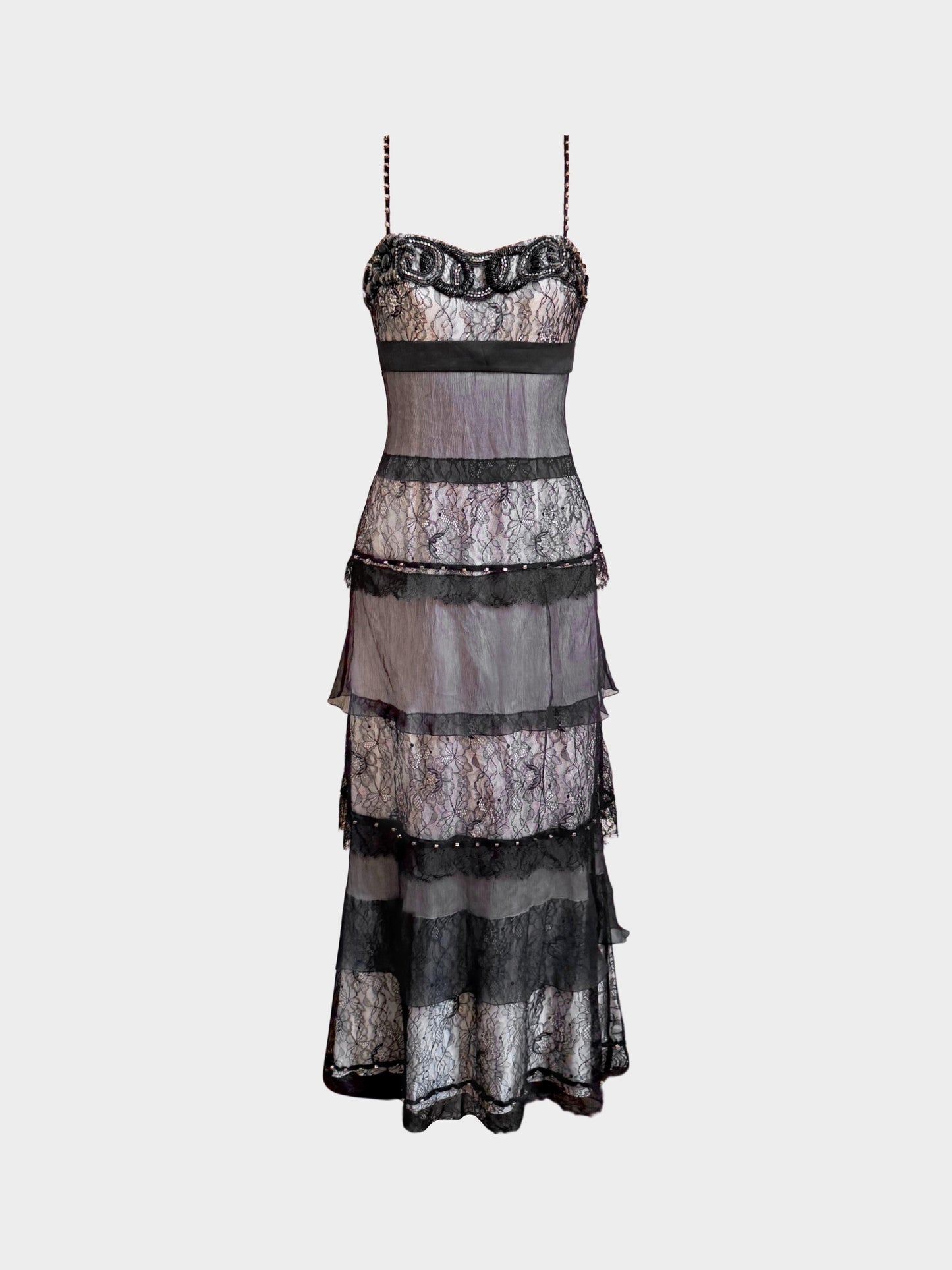 La Perla 2000s Rare Black Silk Chiffon Lace-trimmed Tiered Long Dress