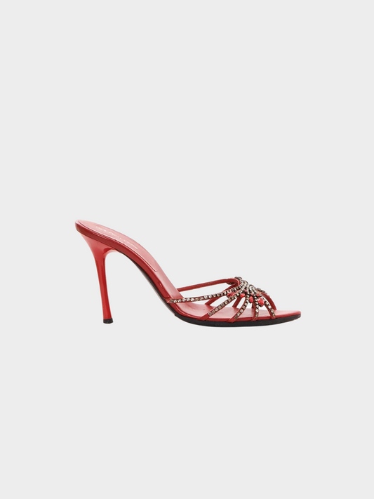 Sergio Rossi 2000s Red Crystal Embellished Mules