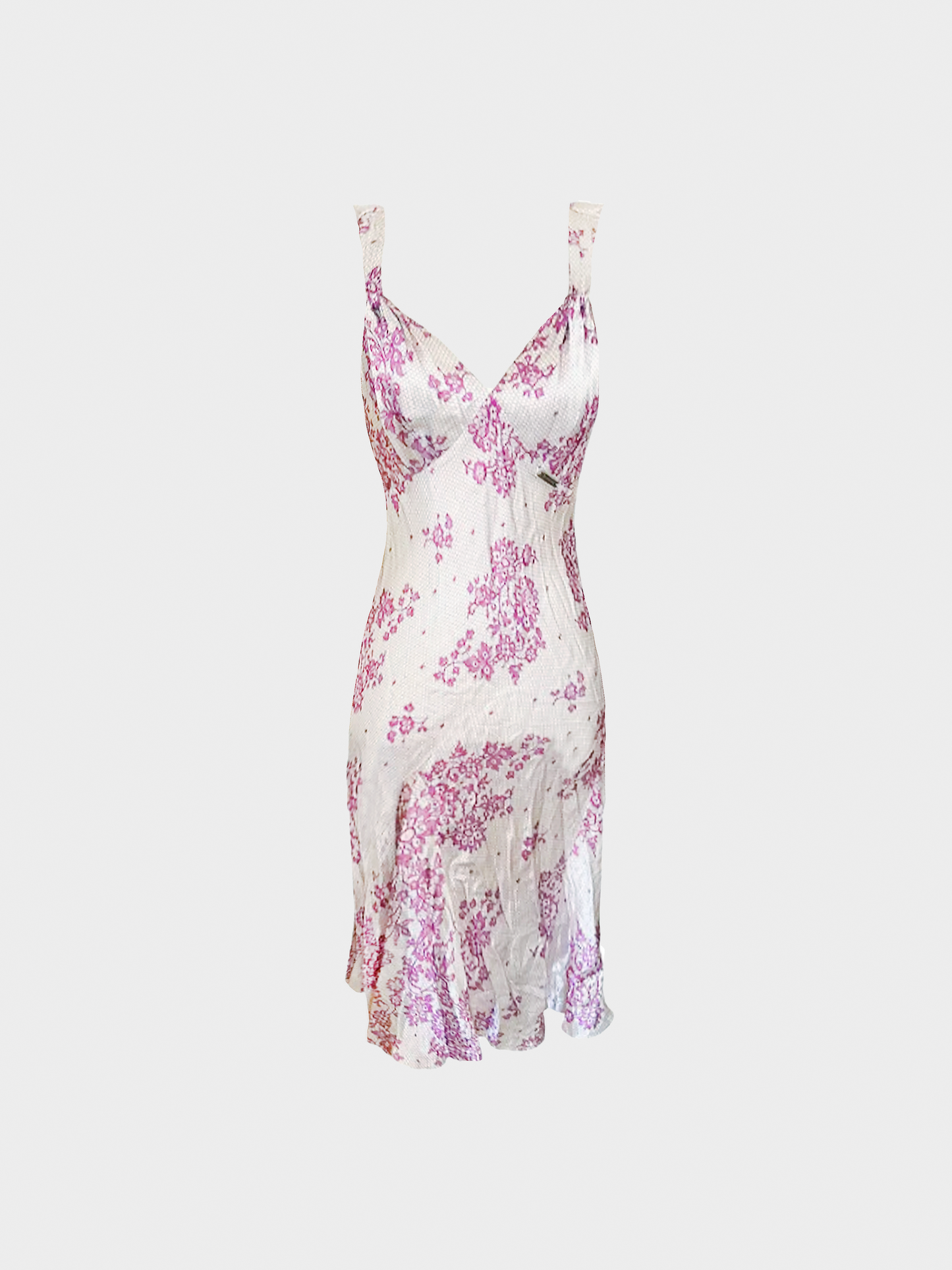 John Galliano 1990s Pink Floral Bias Cut Midi Dress