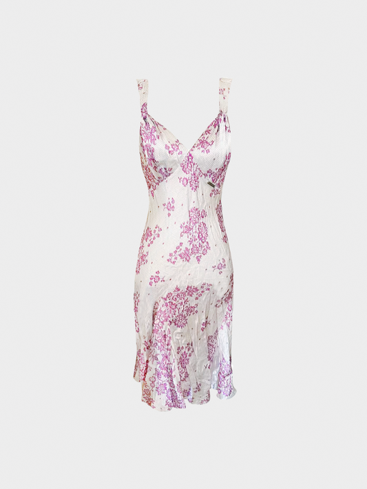 John Galliano 1990s Pink Floral Bias Cut Midi Dress
