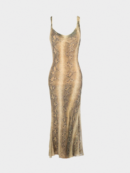 John Galliano 2000s Brown Python Printed Silk Maxi Dress