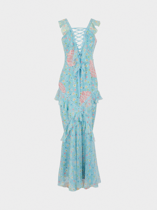 Christian Dior SS 2003 Showgirls Baby Blue Floral Maxi Dress