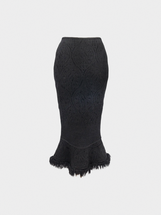 John Galliano 1998 Black Wool Openwork Midi Skirt