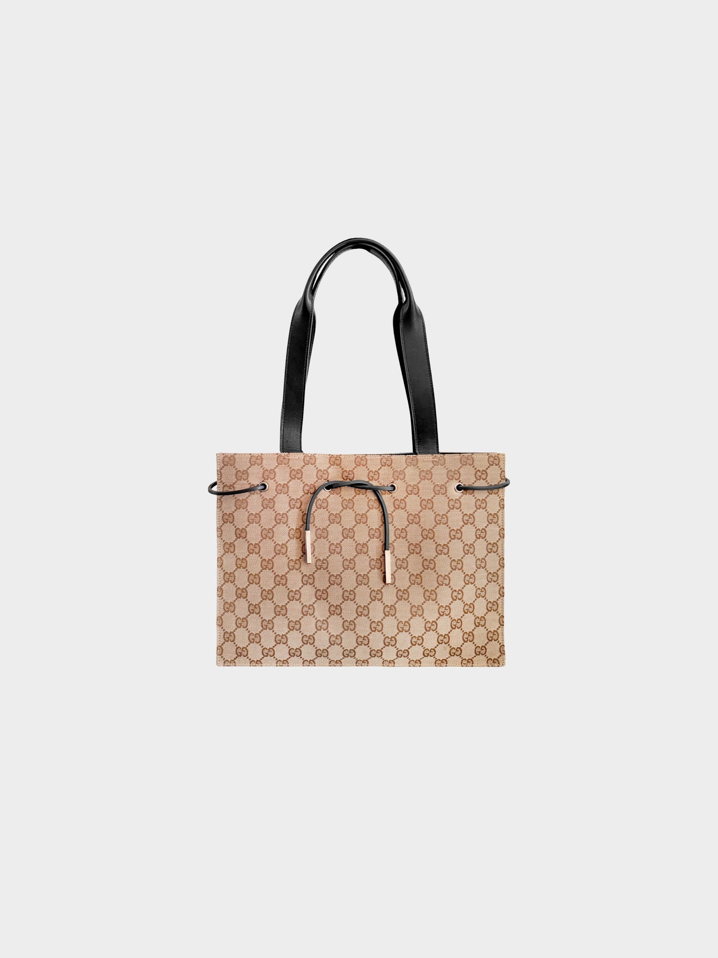 Gucci 2000s Brown GG Canvas Black-Leather Drawstring Tote Bag