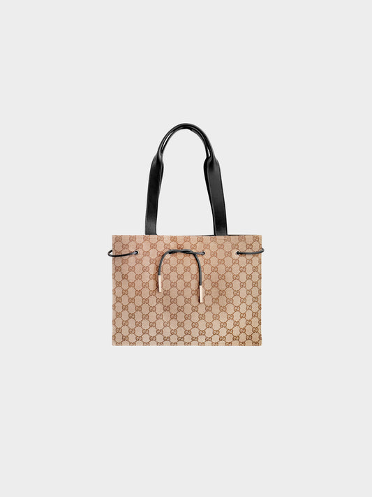 Gucci 2000s Brown GG Canvas Black-Leather Drawstring Tote Bag