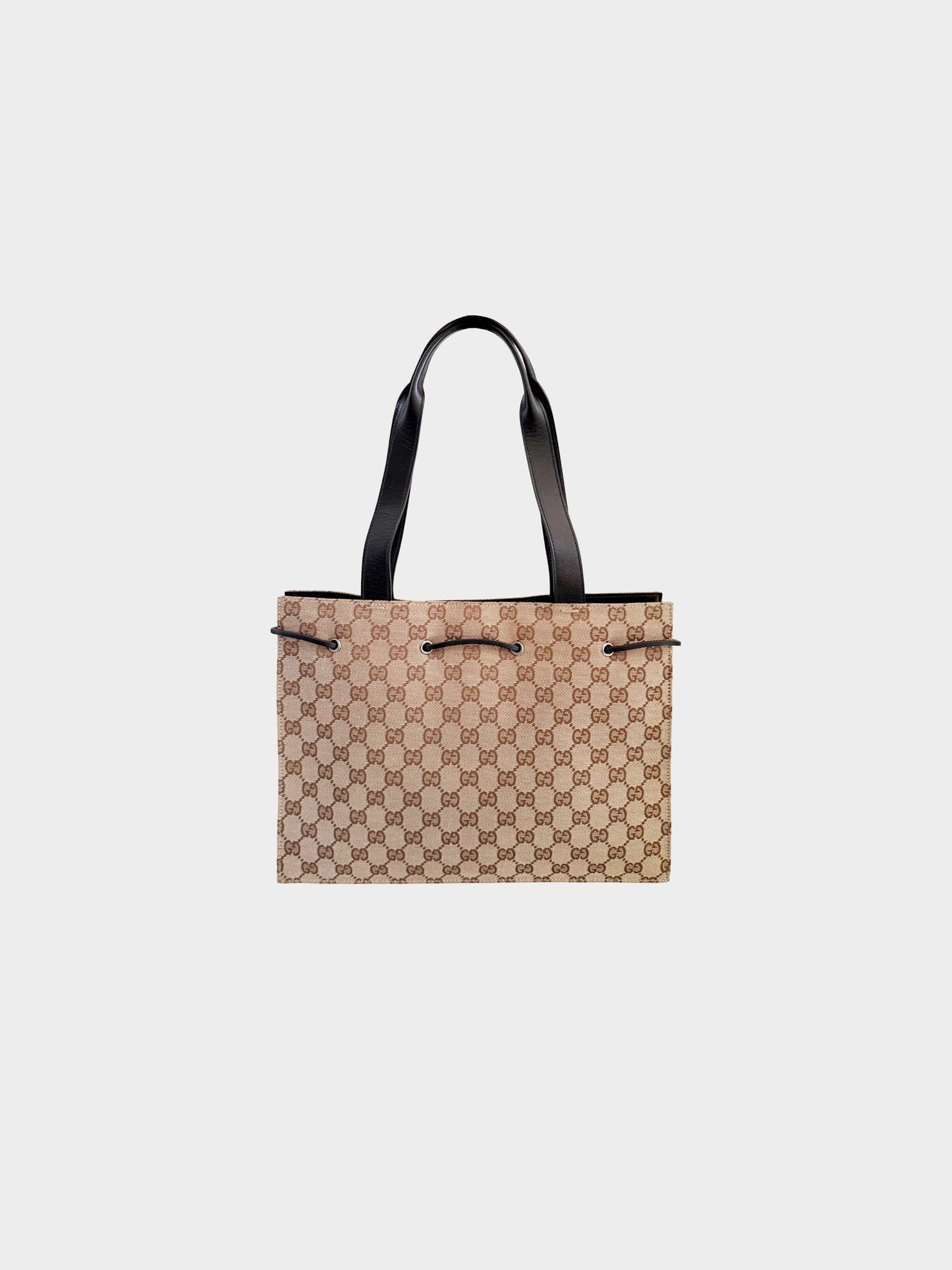 Gucci 2000s Brown GG Canvas Black-Leather Drawstring Tote Bag