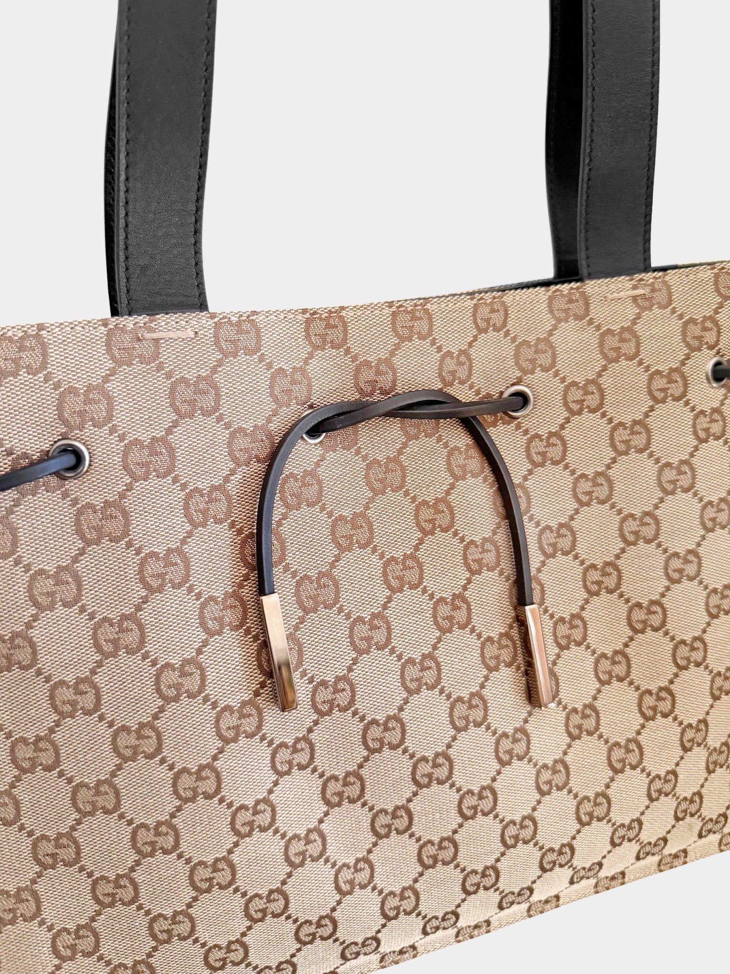 Gucci 2000s Brown GG Canvas Black-Leather Drawstring Tote Bag