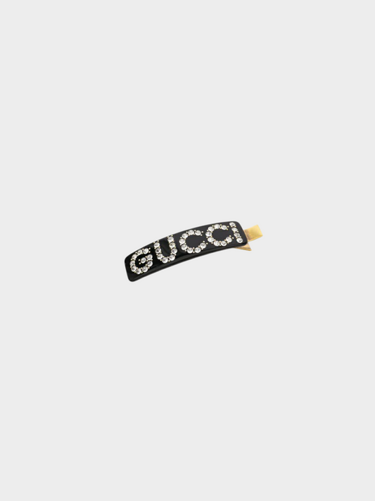 Gucci 2010s Black Logo Rhinestone Barrette