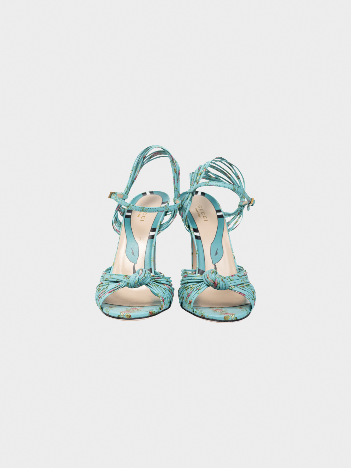 Gucci Pre-Fall 2017 Allie Light-Blue Floral-Print Leather Knotted High-Heel Sandals