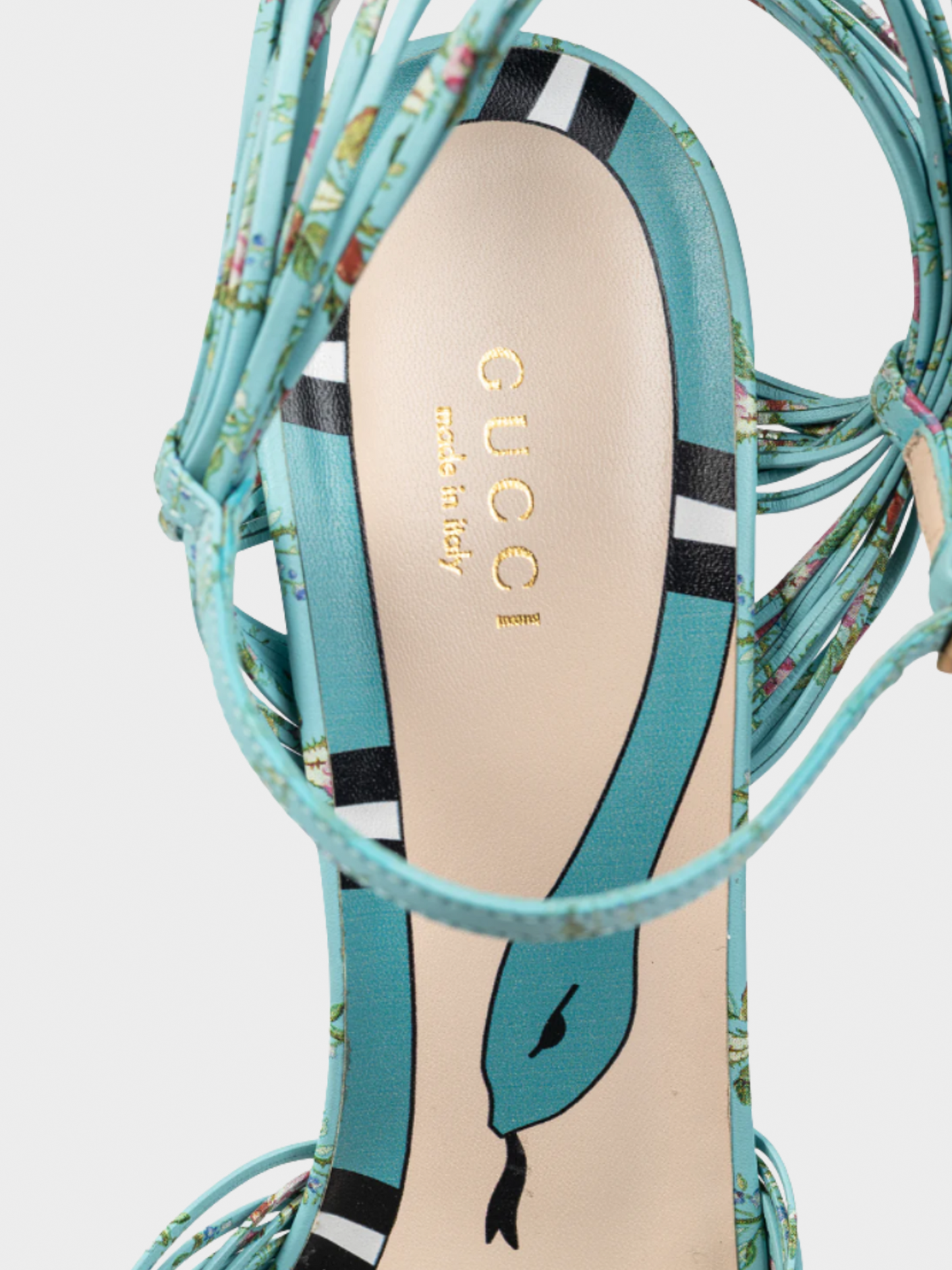 Gucci Pre-Fall 2017 Allie Light-Blue Floral-Print Leather Knotted High-Heel Sandals