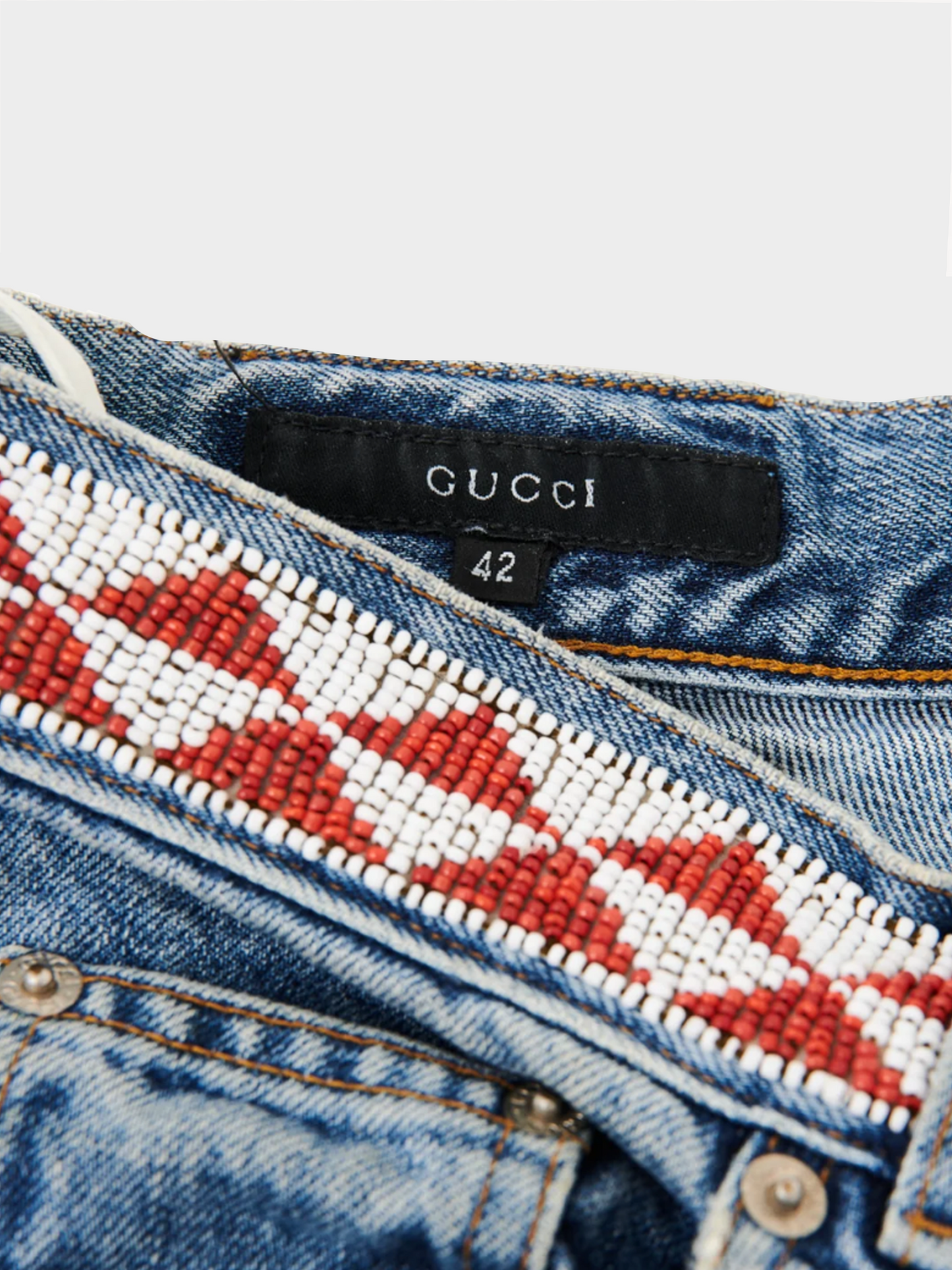 Gucci by Tom Ford SS 1999 Blue Denim Geometric Waistband Jeans