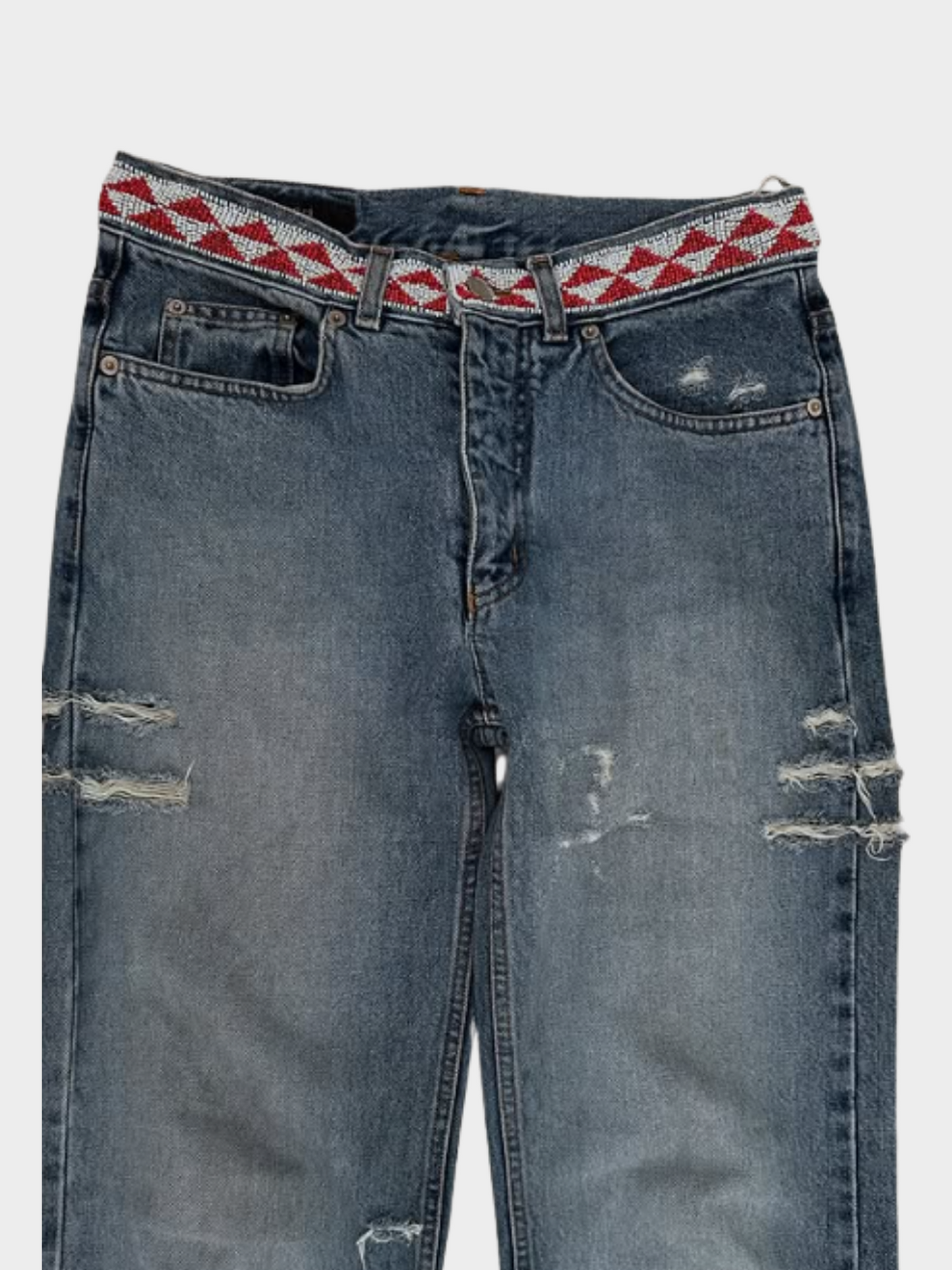 Gucci by Tom Ford SS 1999 Blue Denim Geometric Waistband Jeans
