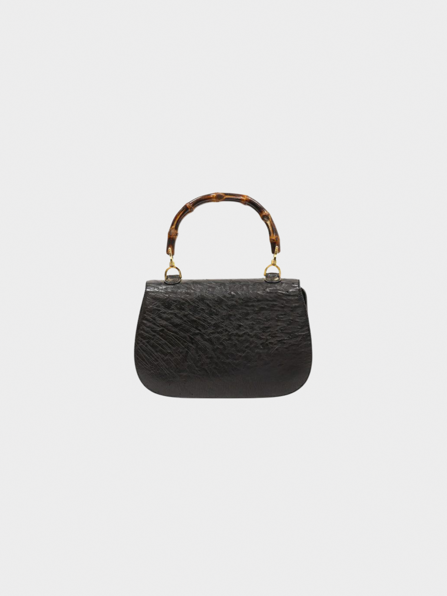 Gucci 1980s Black Ostrich Leather Bamboo Turn Lock Handbag