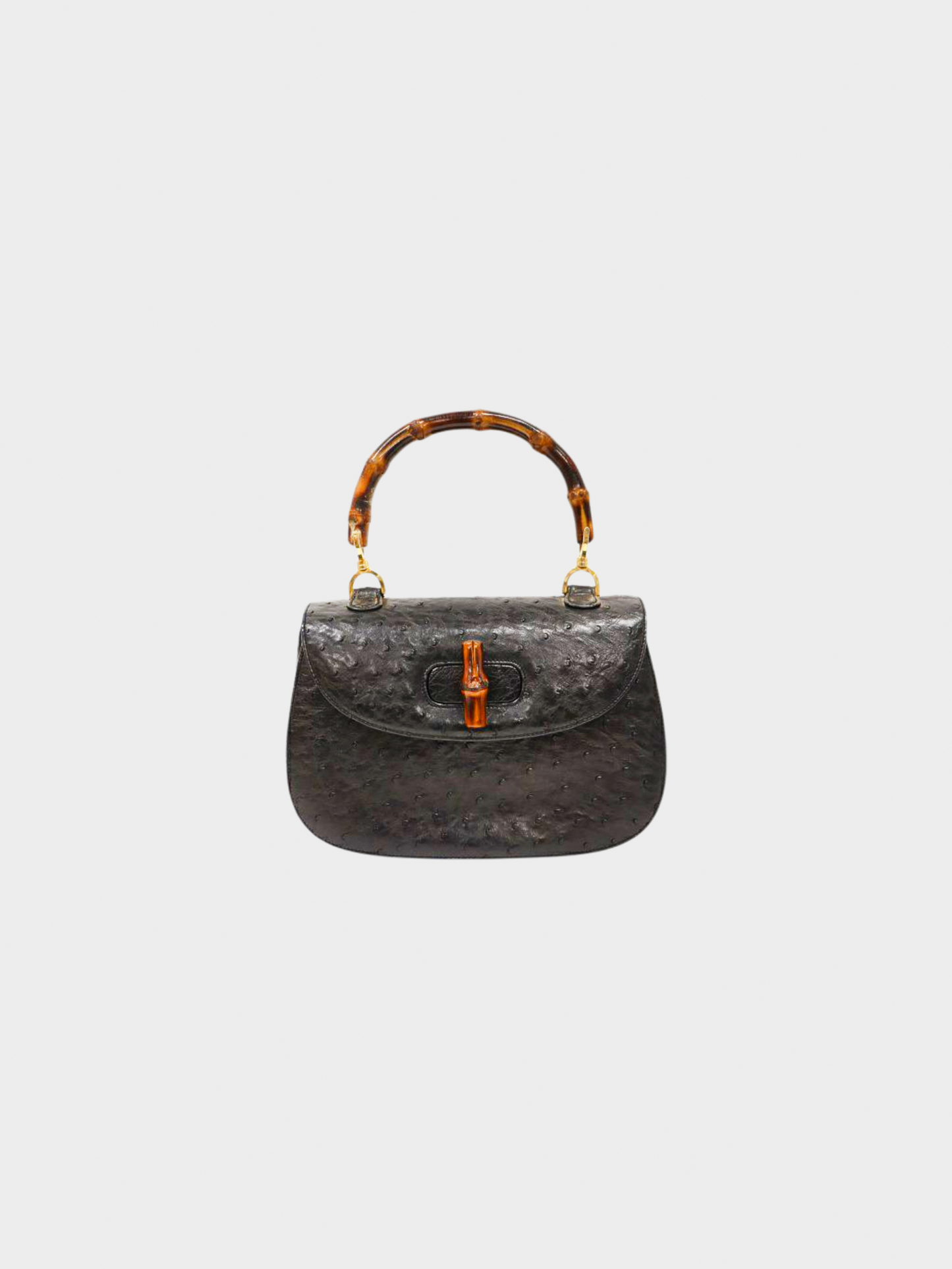 Gucci 1980s Black Ostrich Leather Bamboo Turn Lock Handbag