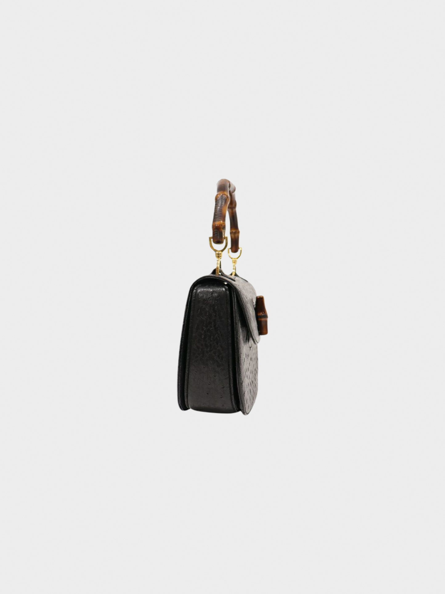 Gucci 1980s Black Ostrich Leather Bamboo Turn Lock Handbag