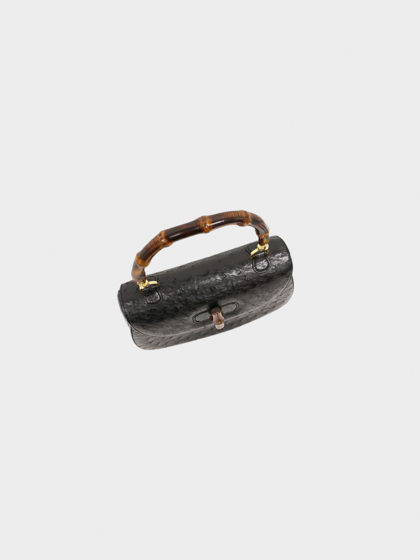 Gucci 1980s Black Ostrich Leather Bamboo Turn Lock Handbag