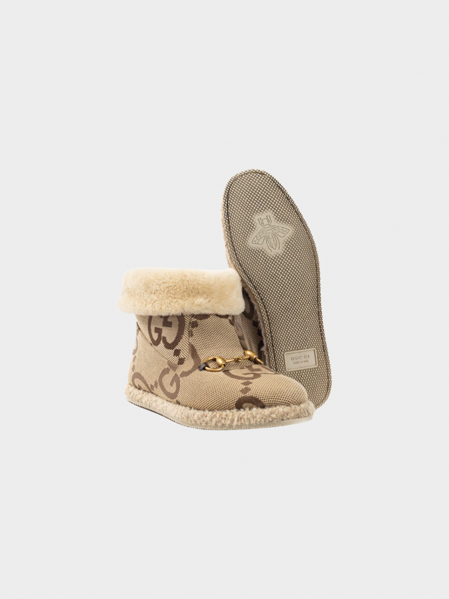 Gucci 2021 Fria Beige Jumbo GG Sherpa Horsebit Ankle Boots