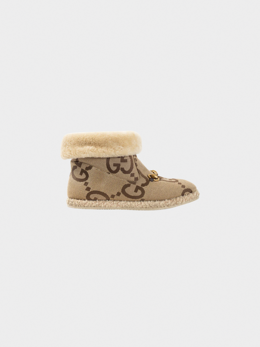 Gucci 2021 Fria Beige Jumbo GG Sherpa Horsebit Ankle Boots