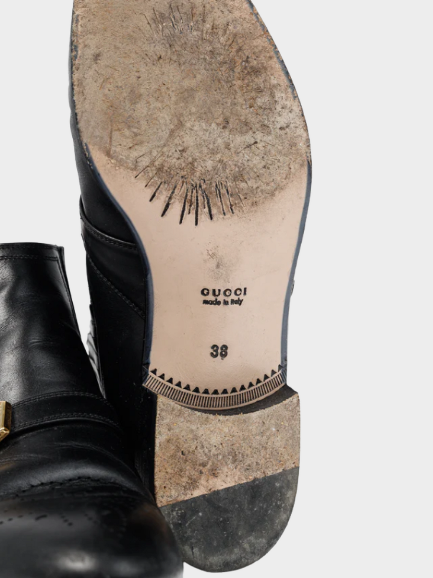 Gucci 2019 Black Worsh Leather Buckled Ankle Boots