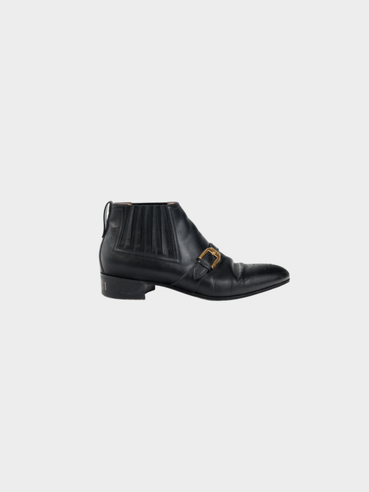 Gucci 2019 Black Worsh Leather Buckled Ankle Boots