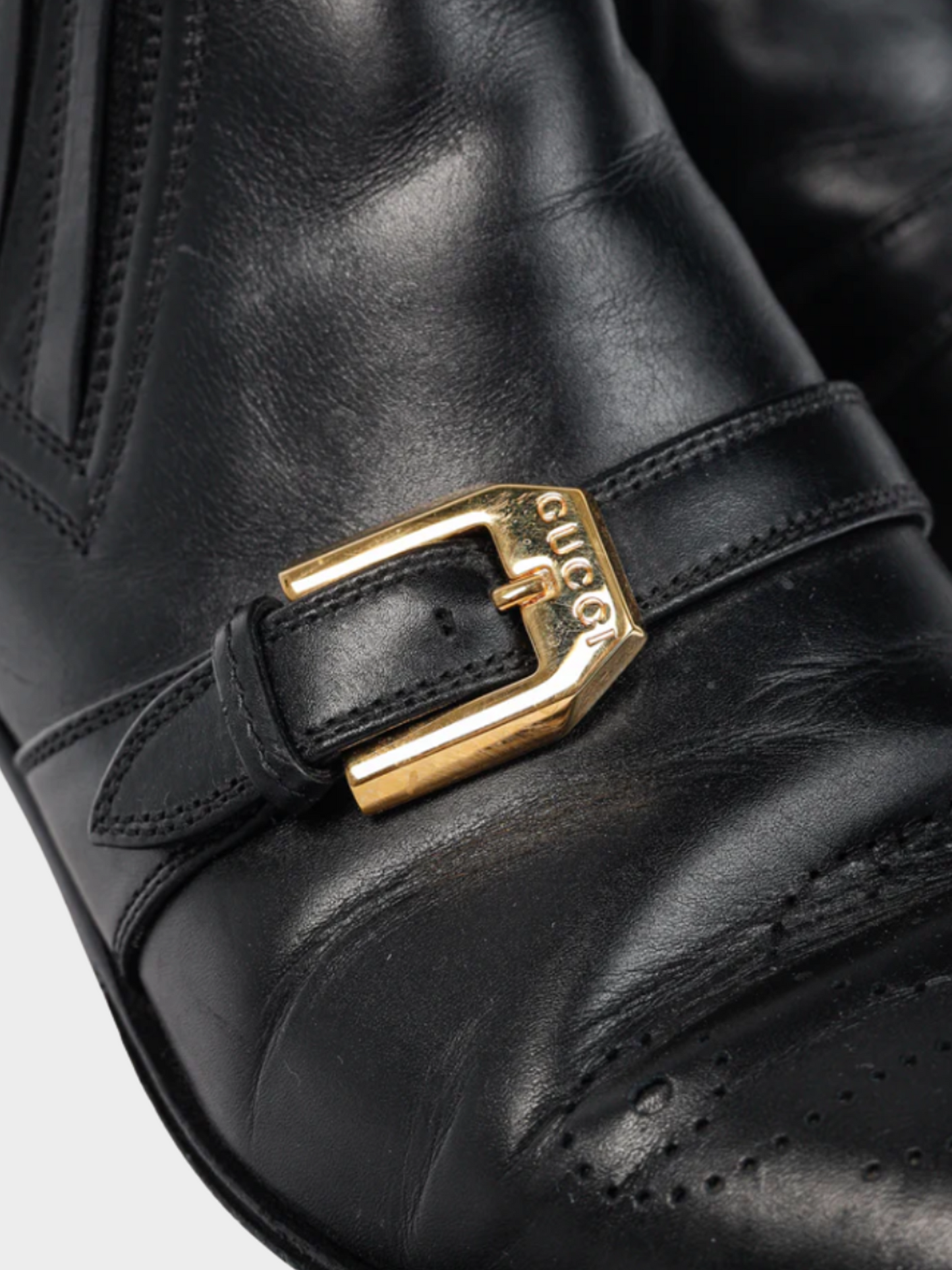 Gucci 2019 Black Worsh Leather Buckled Ankle Boots