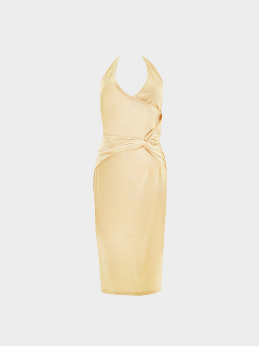 Gucci SS 2005 Vanilla Silk Plunging Halter Cutout Cocktail Dress