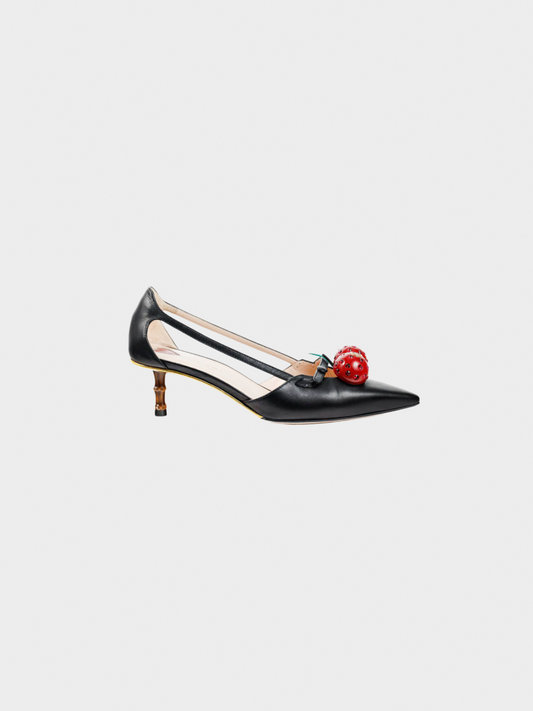 Gucci 2010s Unia Black Leather Cherry-Embellished Bamboo Heels