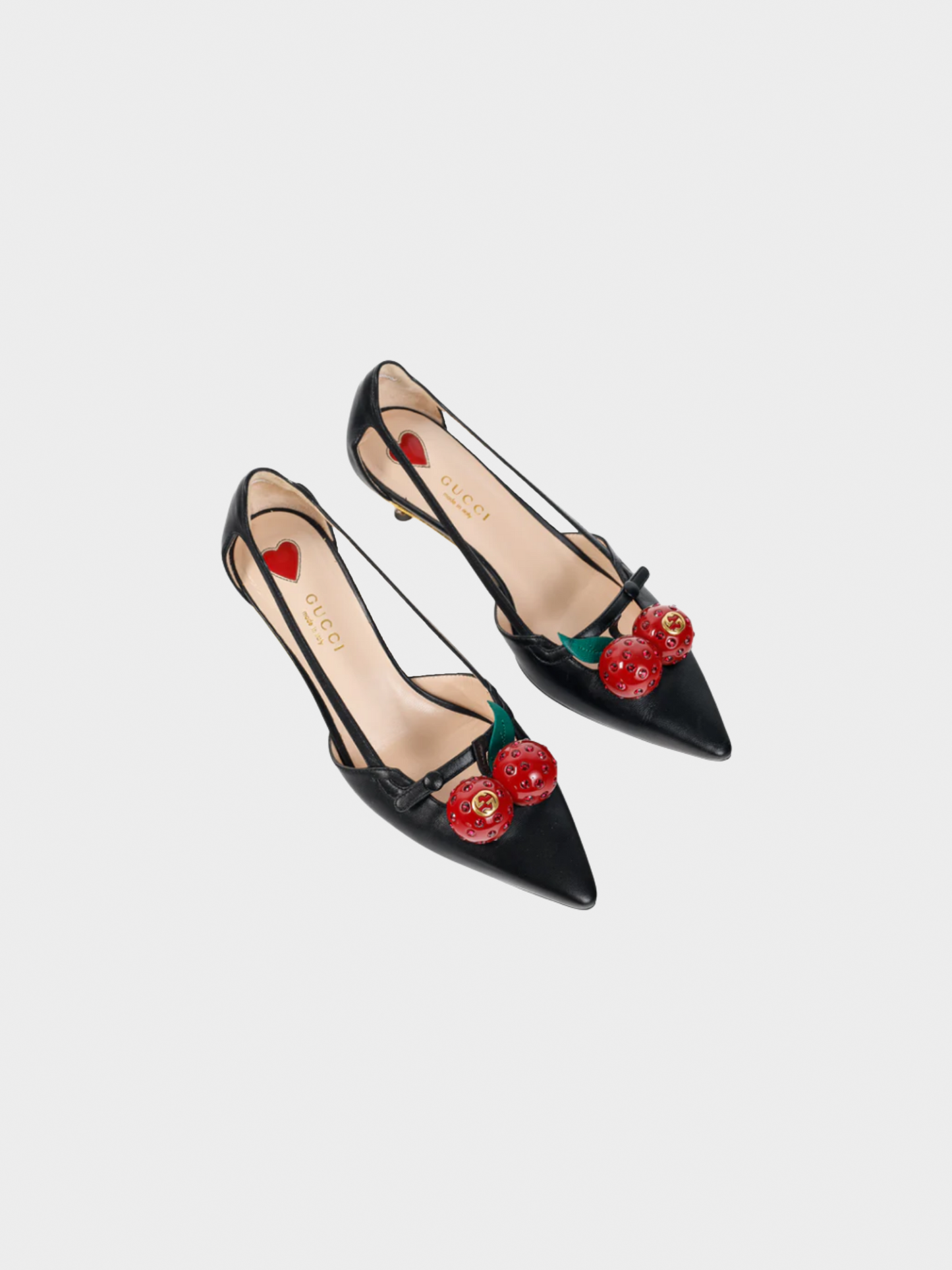 Gucci 2010s Unia Black Leather Cherry-Embellished Bamboo Heels