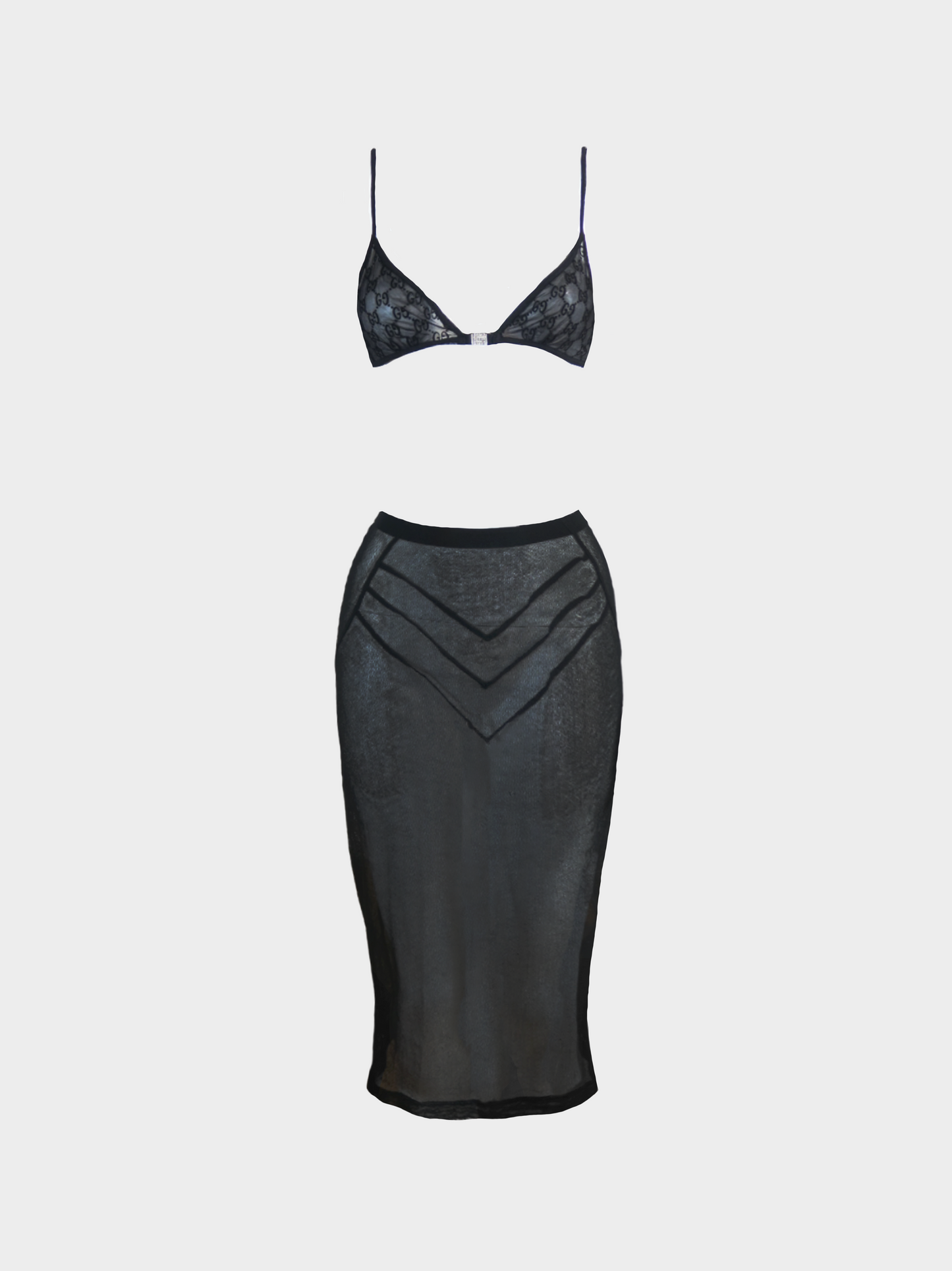 Gucci by Tom Ford 2000s Black Crystal Buckle Bra and Sheer Midi Skirt Set