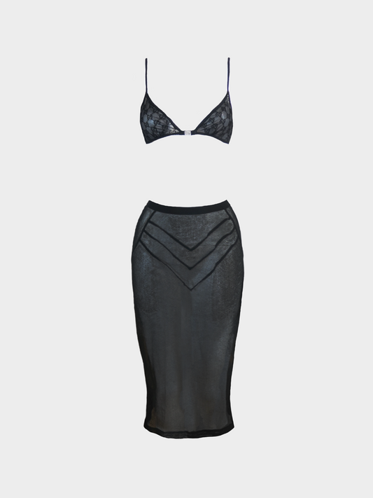 Gucci by Tom Ford 2000s Black Crystal Buckle Bra and Sheer Midi Skirt Set