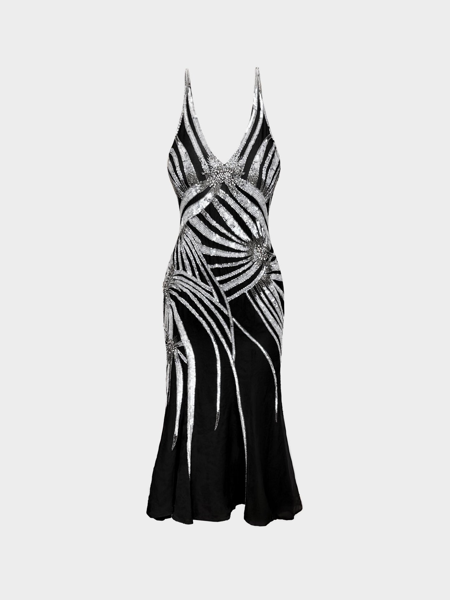 Gai Mattiolo 1990s Black Silk Chiffon Silver Sequin and Beads Embellished Long Dress