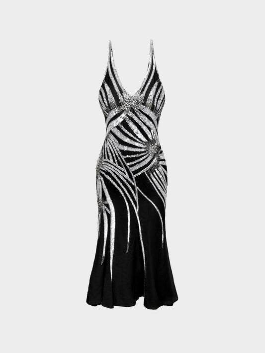 Gai Mattiolo 1990s Black Silk Chiffon Silver Sequin and Beads Embellished Long Dress