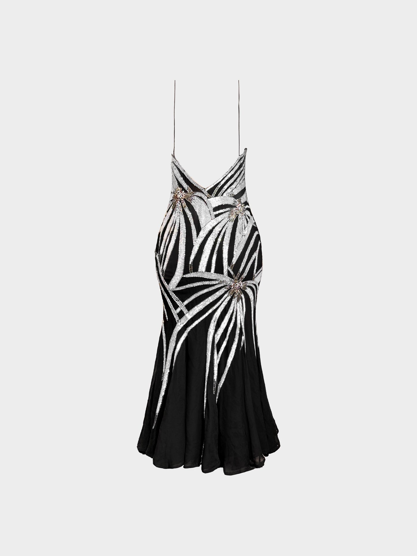 Gai Mattiolo 1990s Black Silk Chiffon Silver Sequin and Beads Embellished Long Dress