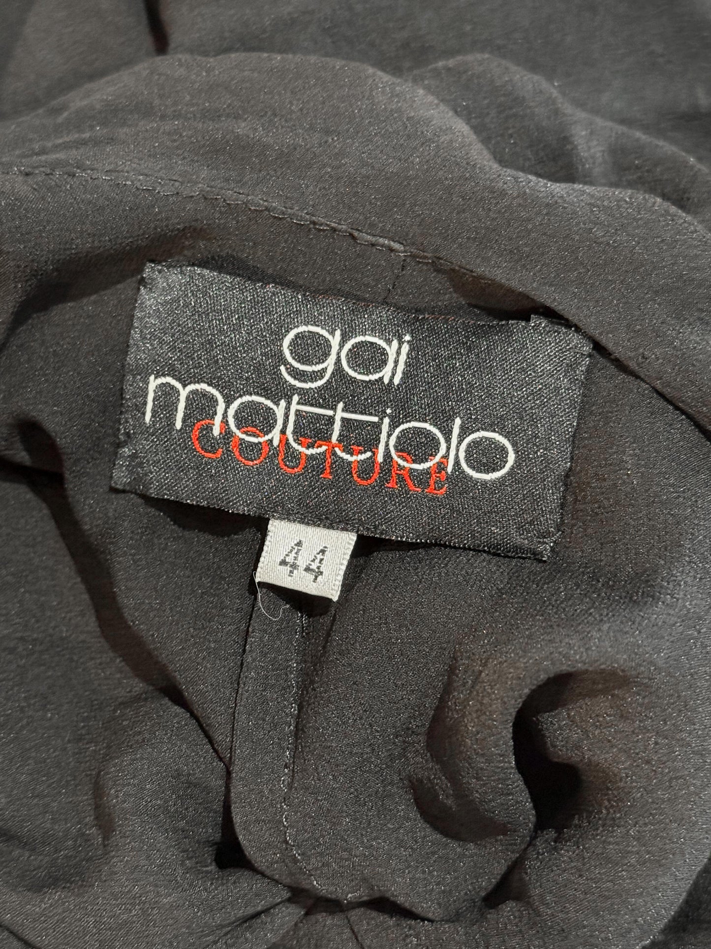 Gai Mattiolo 1990s Black Silk Chiffon Silver Floral Sequin and Beads Embellished Ruffled Dress