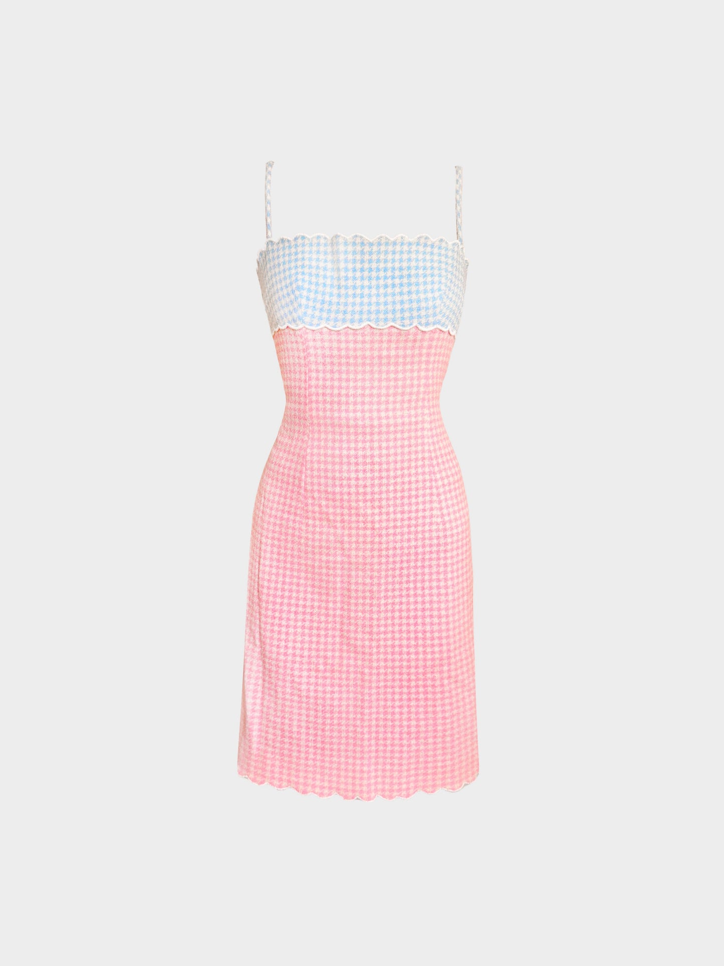 Gai Mattiolo 1990s Couture Blue and Pink Houndstooth Gingham Print Dress