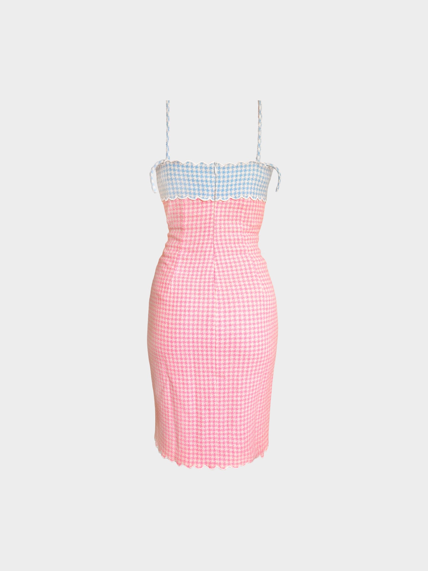 Gai Mattiolo 1990s Couture Blue and Pink Houndstooth Gingham Print Dress