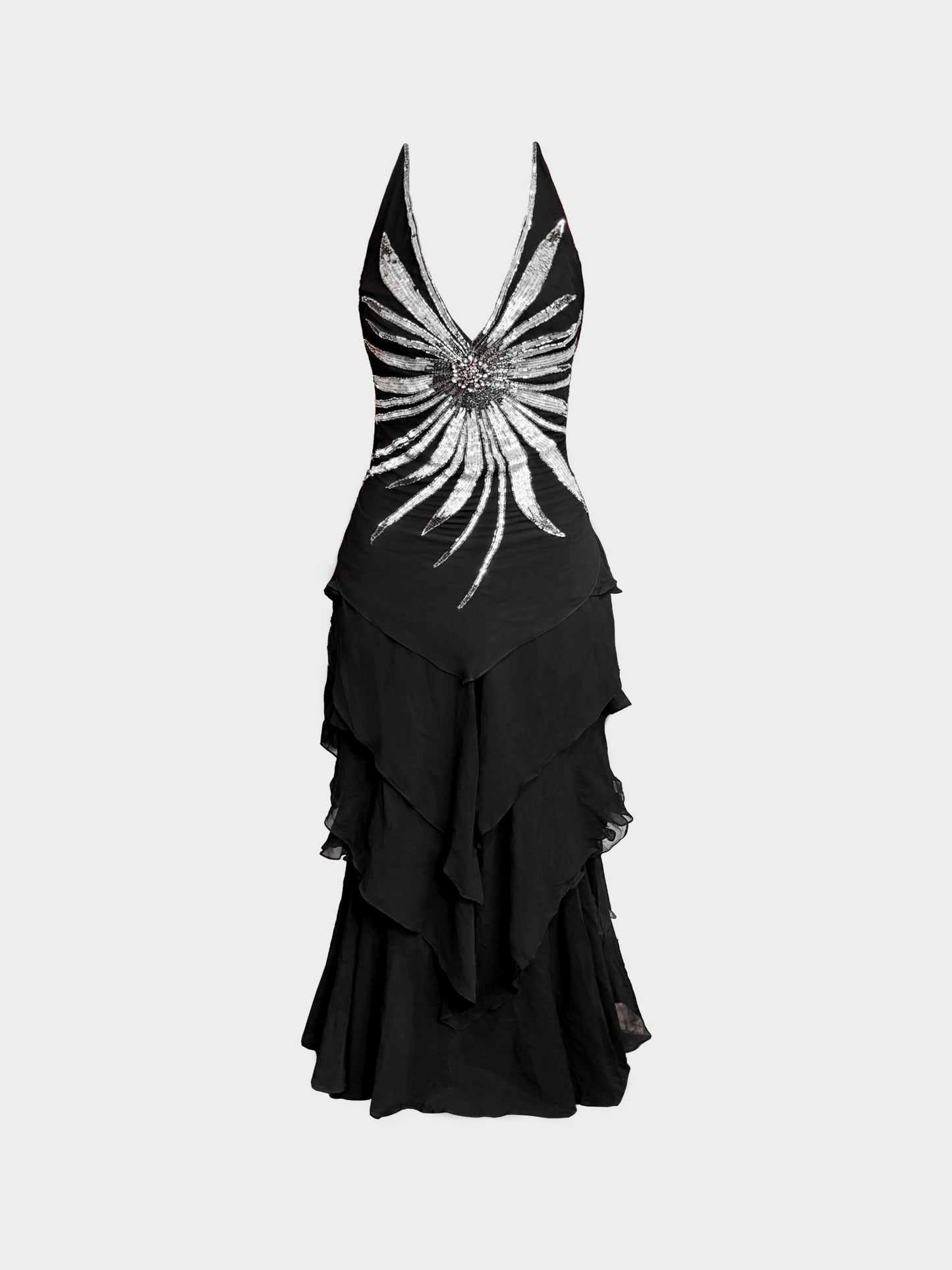 Gai Mattiolo 1990s Black Silk Chiffon Silver Floral Sequin and Beads Embellished Ruffled Dress