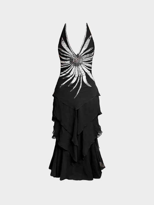 Gai Mattiolo 1990s Black Silk Chiffon Silver Floral Sequin and Beads Embellished Ruffled Dress