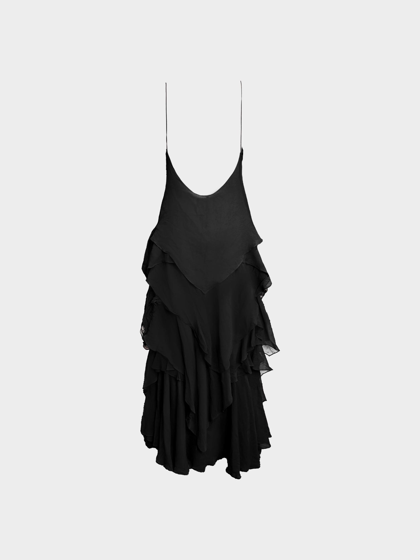 Gai Mattiolo 1990s Black Silk Chiffon Silver Floral Sequin and Beads Embellished Ruffled Dress
