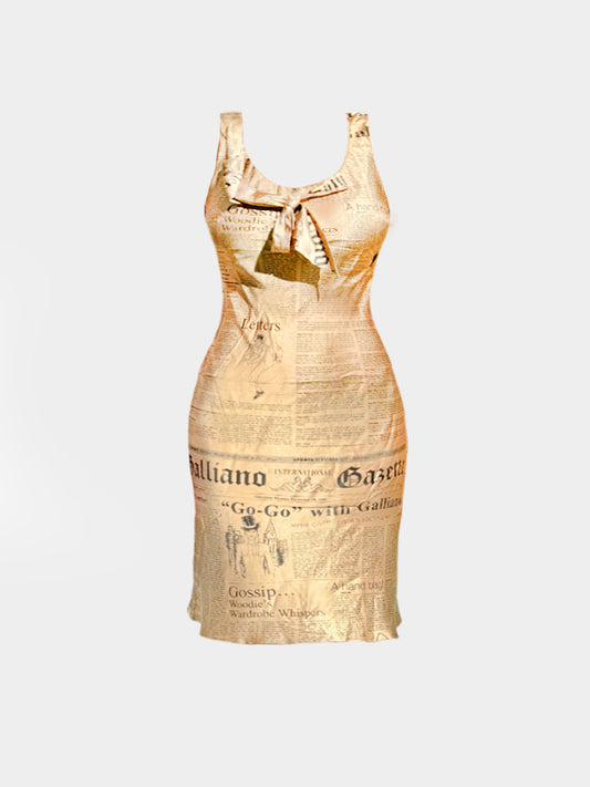 John Galliano 2000s Rare Gold Gazette Print Silk Dress