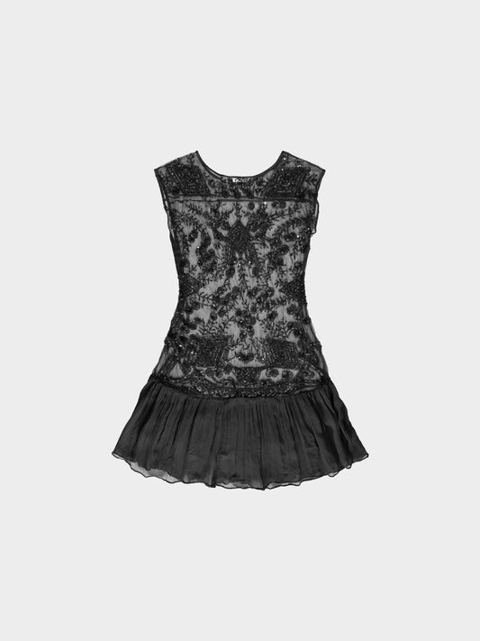 John Galliano 2000s Black Floral Beaded and Sequined Mini Dress