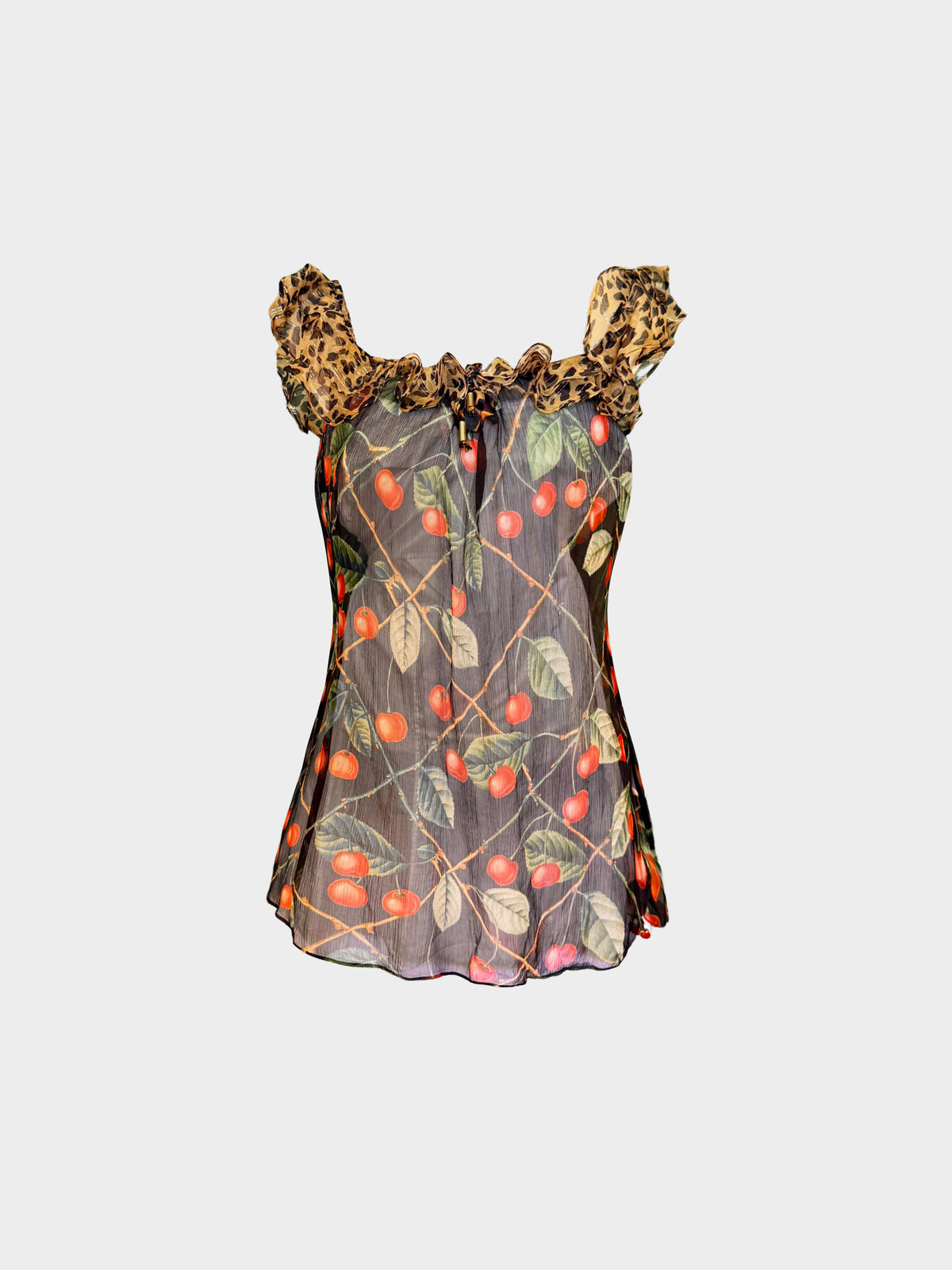 John Galliano FW 2003 Cherry and Leopard Print Silk Babydoll Mini Dress