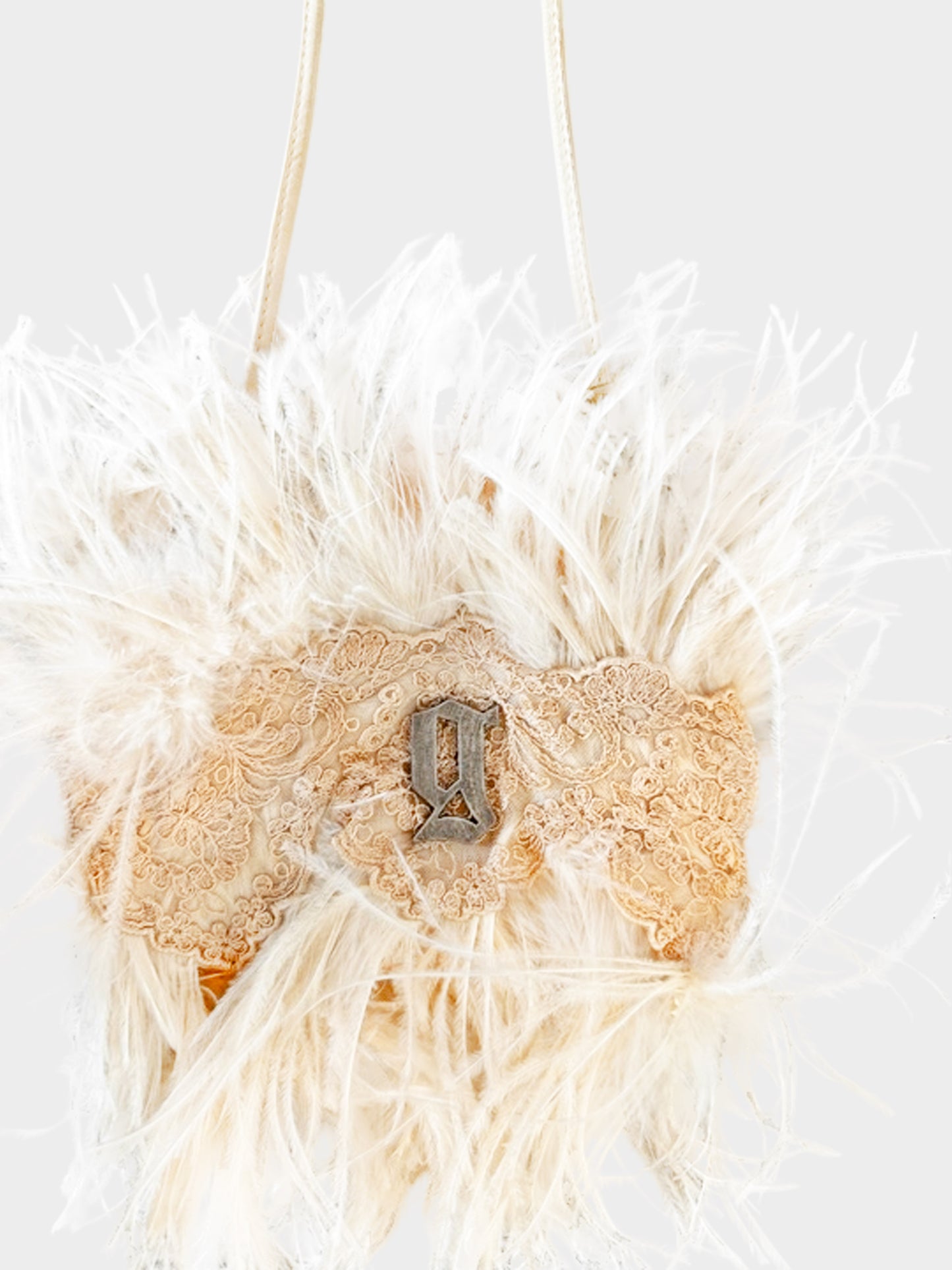 John Galliano 2000s Beige Pink Feather and Lace Shoulder Bag