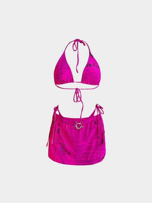 John Galliano 2000s Pink Gazette Print Three-piece Swimsuit