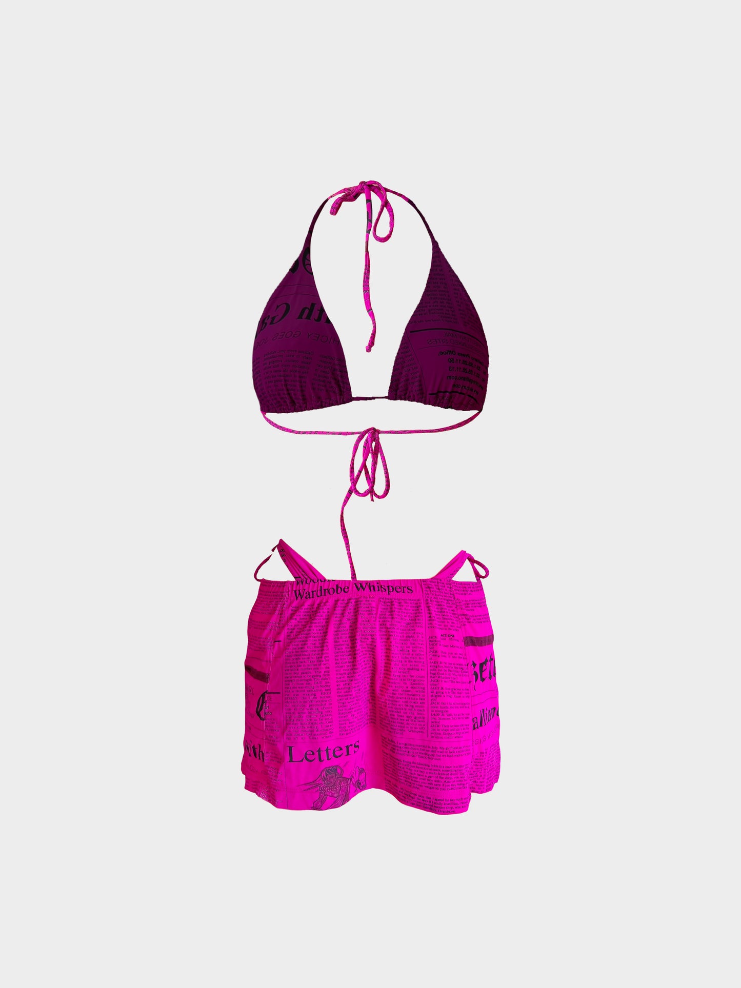 John Galliano 2000s Pink Gazette Print Three-piece Swimsuit
