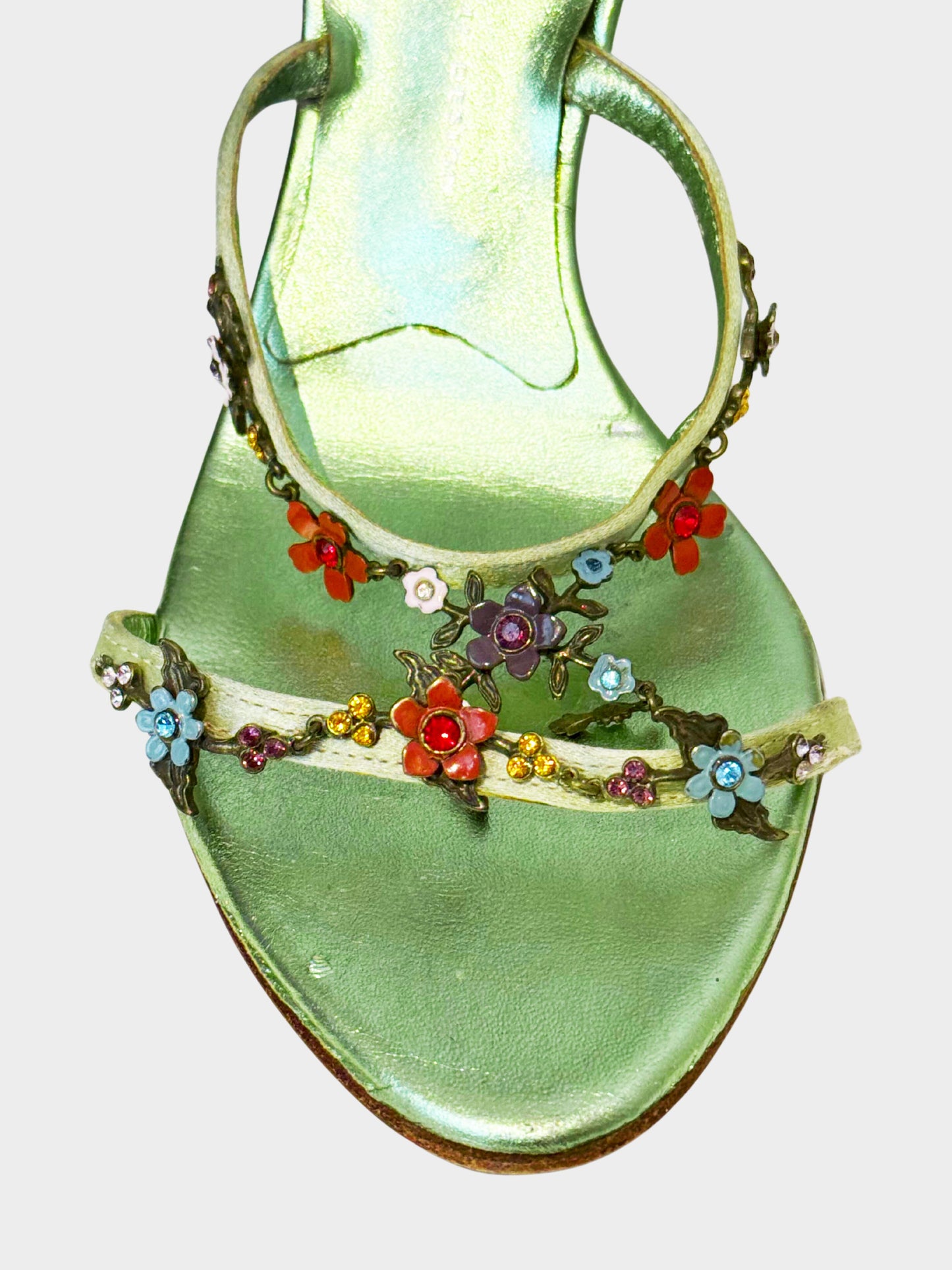 Giuseppe Zanotti 2000s Metallic Green Leather and Satin Floral Motif Heeled Sandals