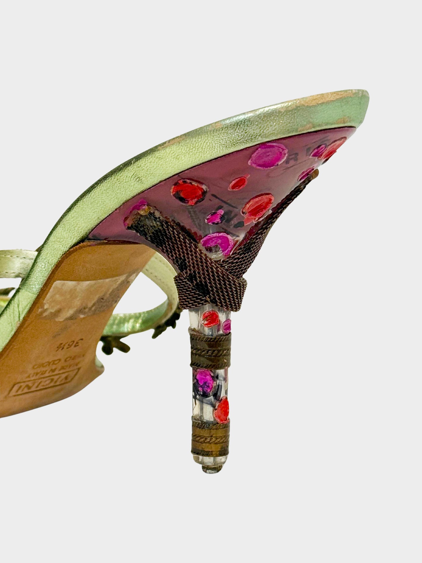 Giuseppe Zanotti 2000s Metallic Green Leather and Satin Floral Motif Heeled Sandals