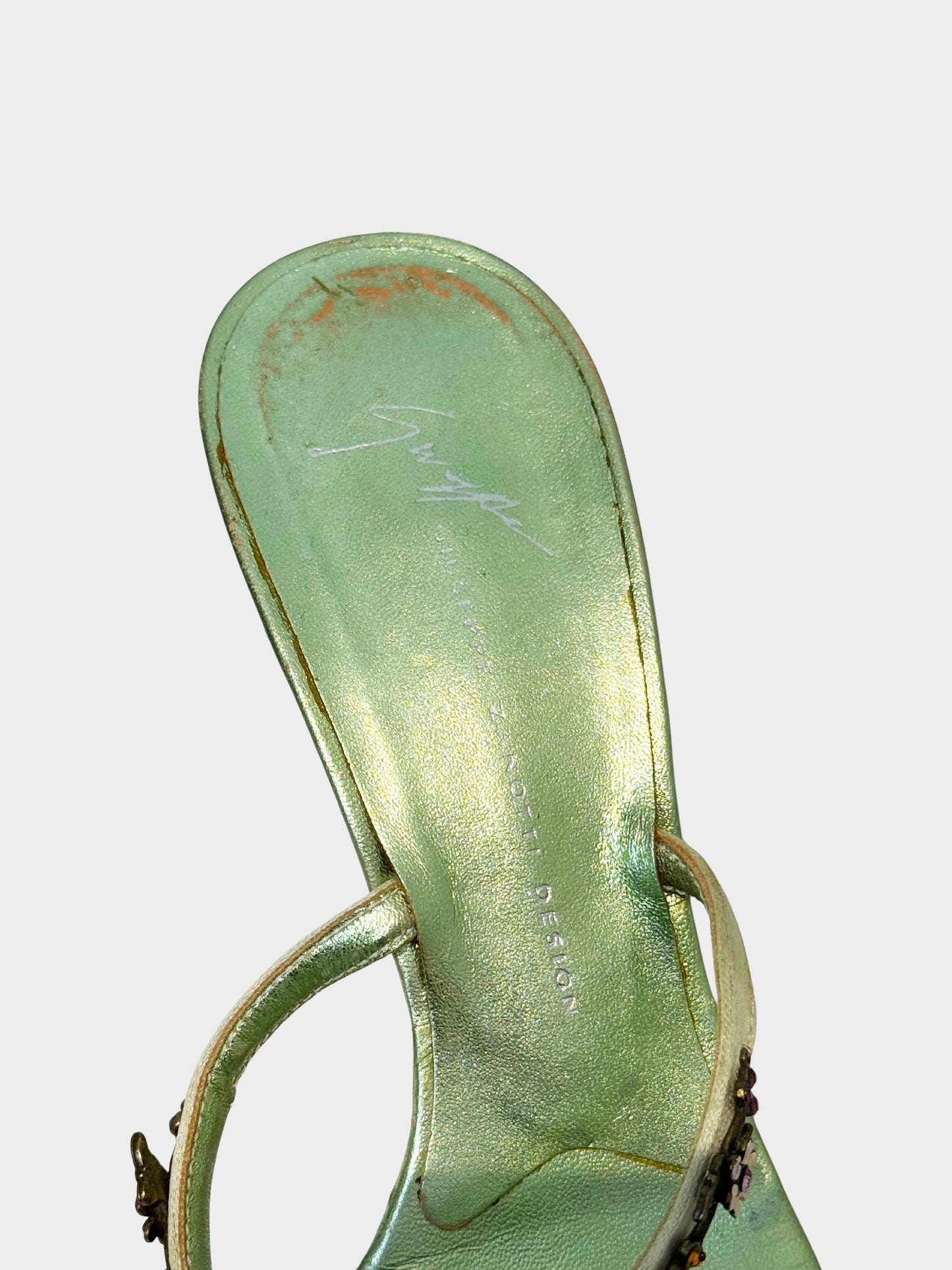 Giuseppe Zanotti 2000s Metallic Green Leather and Satin Floral Motif Heeled Sandals