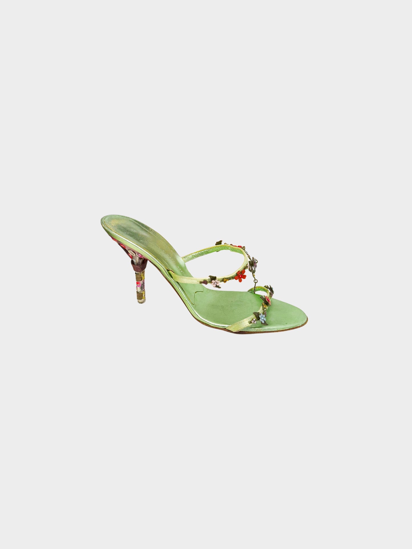 Giuseppe Zanotti 2000s Metallic Green Leather and Satin Floral Motif Heeled Sandals